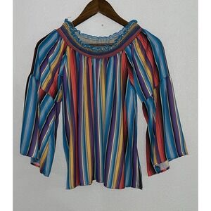 Berry And Cream Peasant Style Bell Sleeves Boho Chic Bold Color Stripes Top Sz M